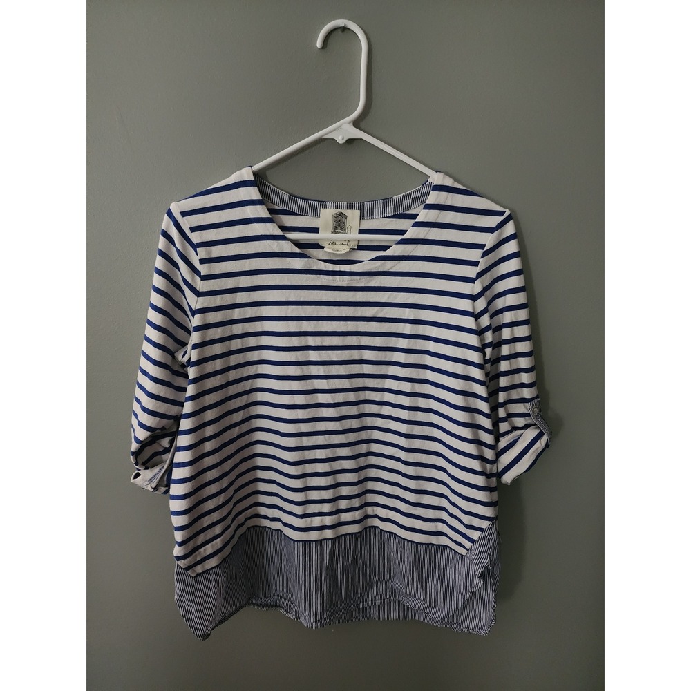 Lilis Closet Blue White Striped Mixed Media Roll Tab Sleeve Top Small